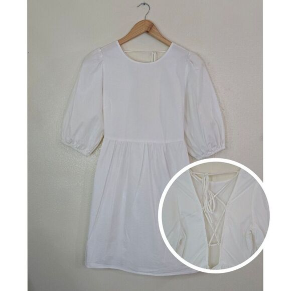 WAYF White Mini Dress Womens Size Small Puff Sleeves Open Tie Back Cotton POCKET - Picture 2 of 13